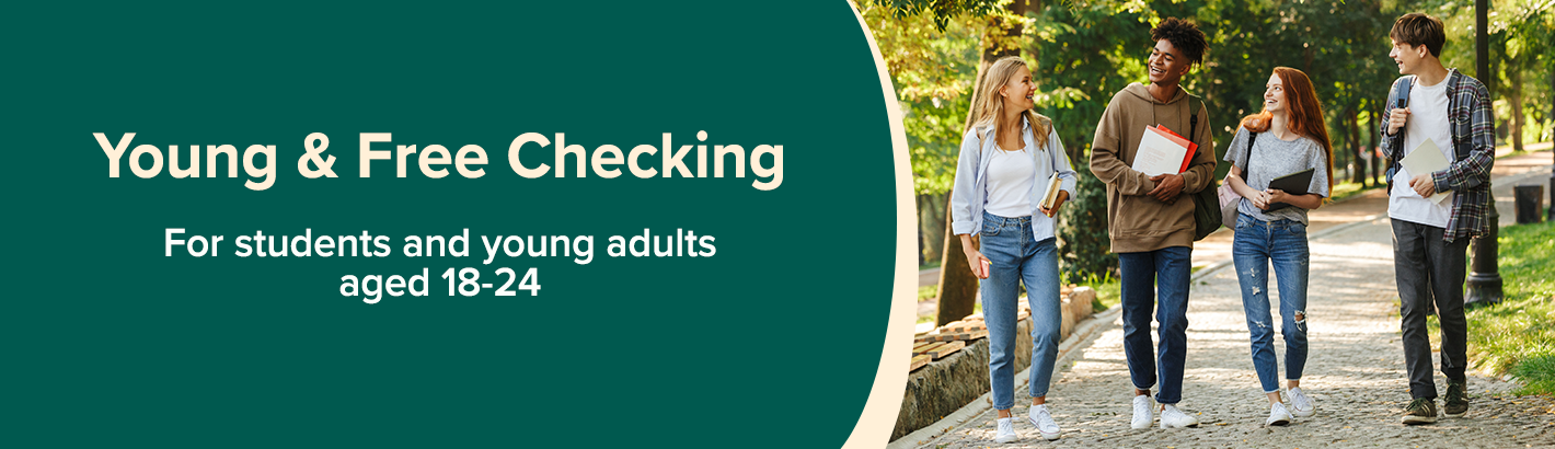 Young and free checking. group of college students walking outside, laughing.